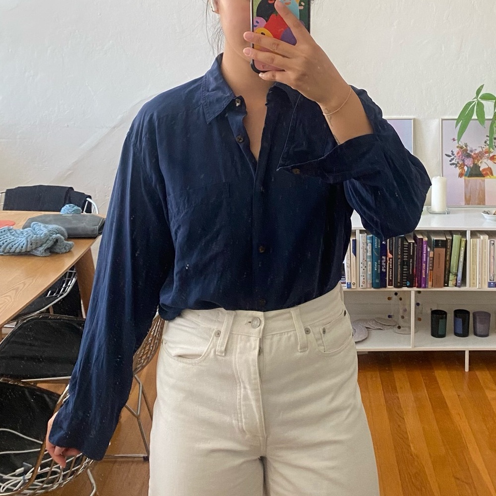 vintage Navy Blue silk Button-Up Shirt